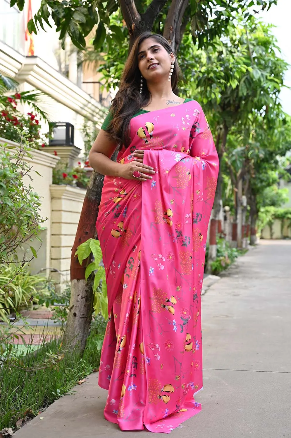 Ready To Wear Floss Japan Satin pink Floral Printed  Wrap in 1 minute saree