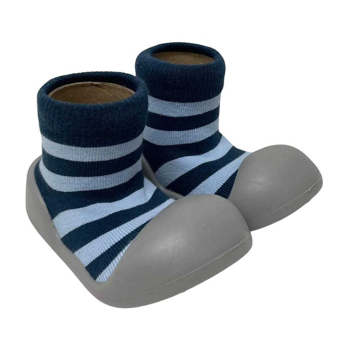 Rubber Soled Socks Grey with Navy Stripe