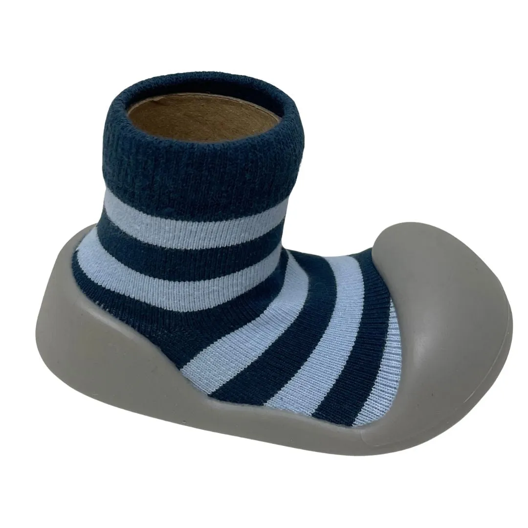 Rubber Soled Socks Grey with Navy Stripe