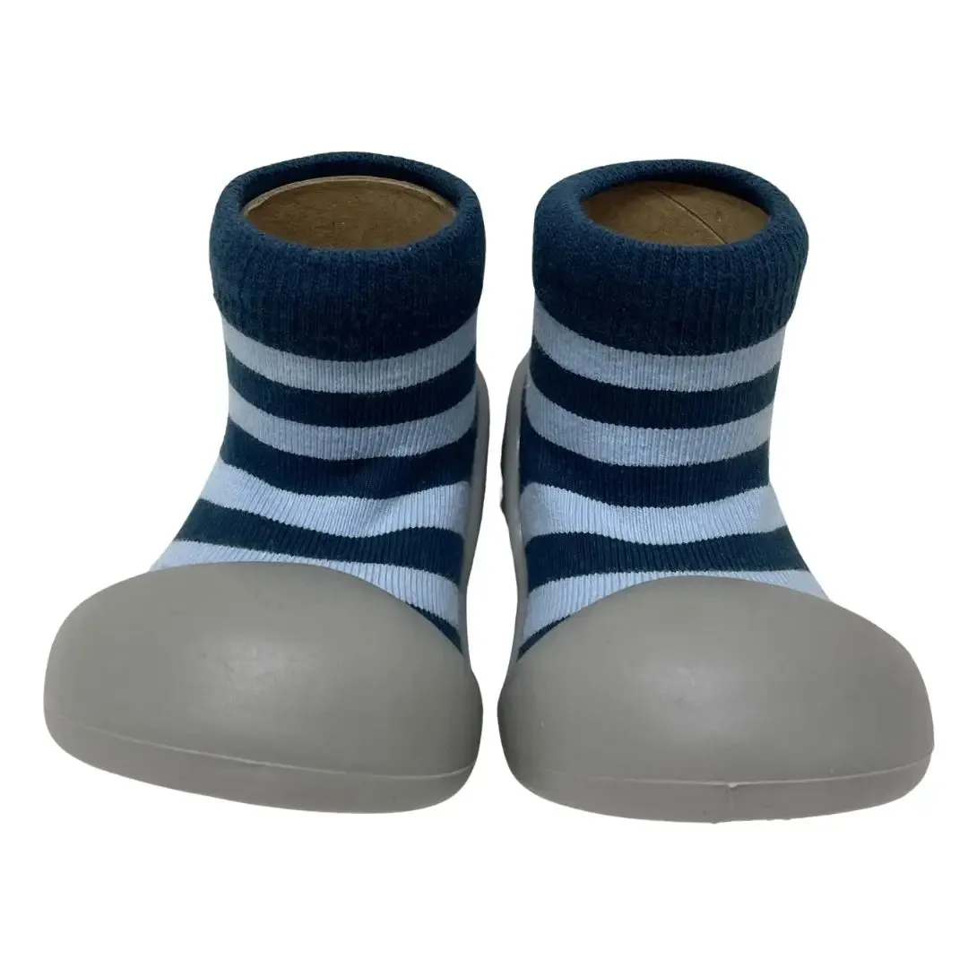 Rubber Soled Socks Grey with Navy Stripe