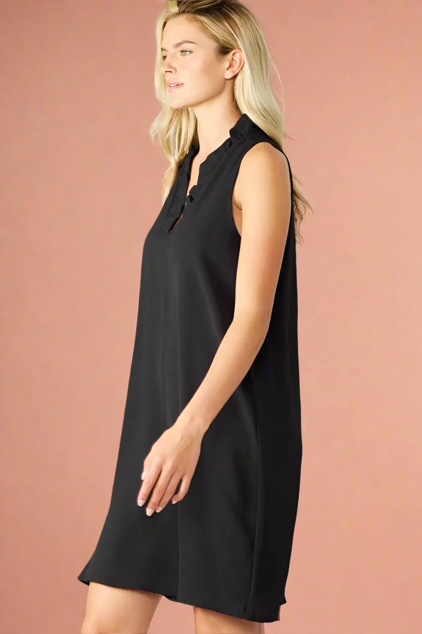 Ruffle Neck Sleeveless Dress - Black