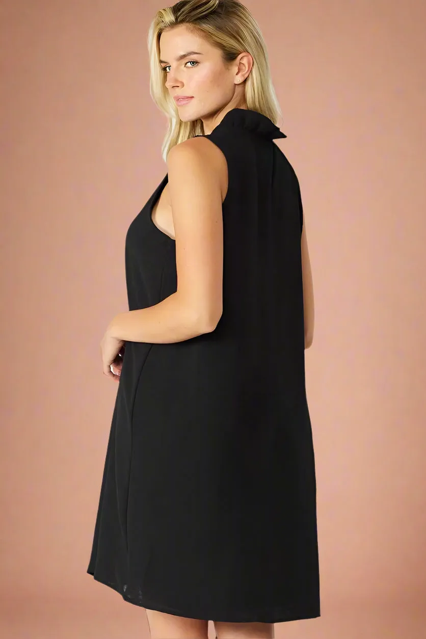 Ruffle Neck Sleeveless Dress - Black