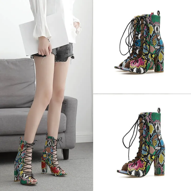 Snakeskin Lace Up Leather Peep Toe High Heel Sandals
