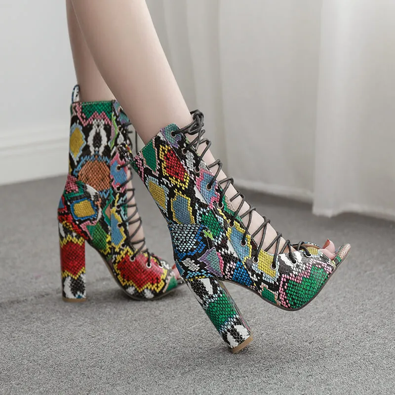Snakeskin Lace Up Leather Peep Toe High Heel Sandals