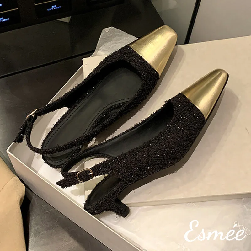 Textured Fabrics High Heel Slingback with Golden Toe Cap