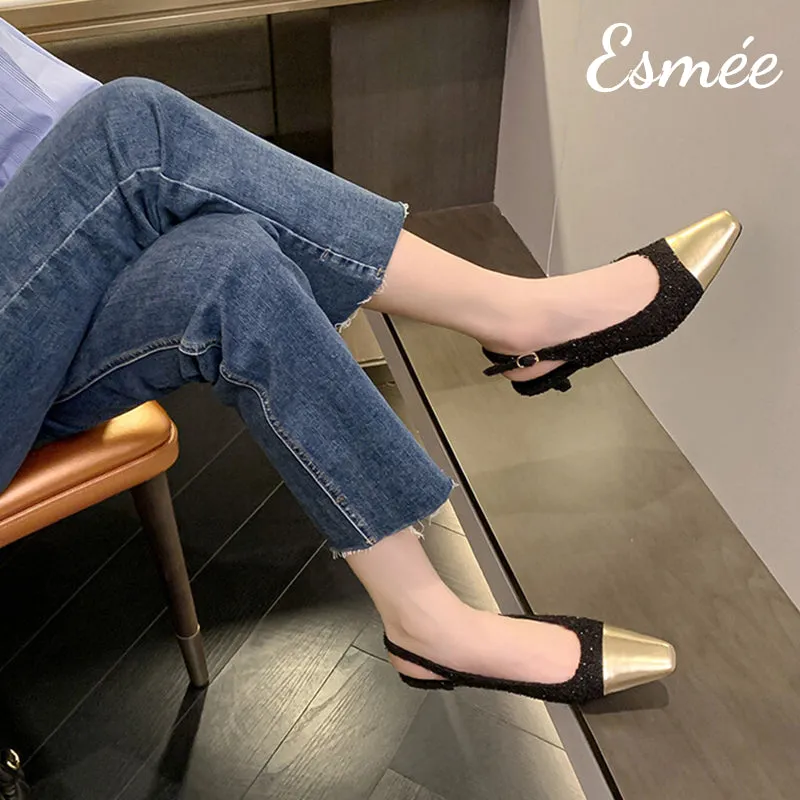 Textured Fabrics High Heel Slingback with Golden Toe Cap