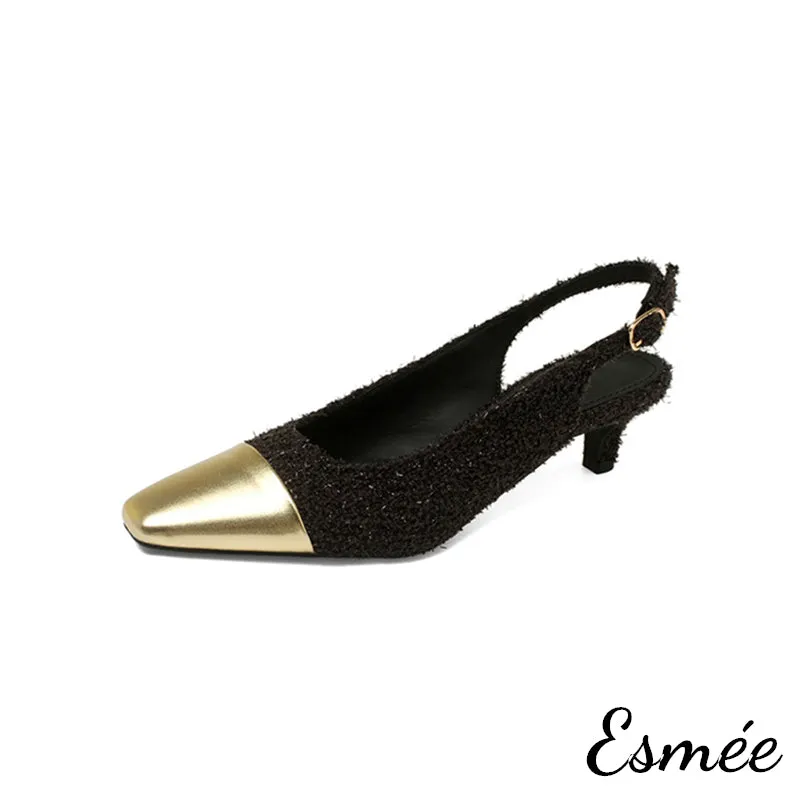 Textured Fabrics High Heel Slingback with Golden Toe Cap