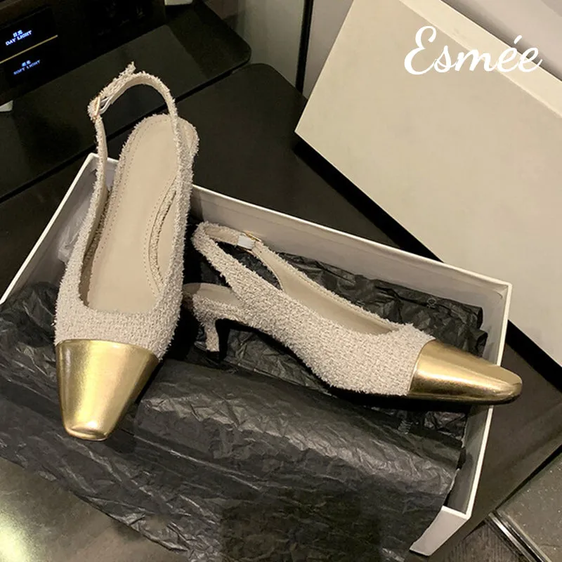 Textured Fabrics High Heel Slingback with Golden Toe Cap