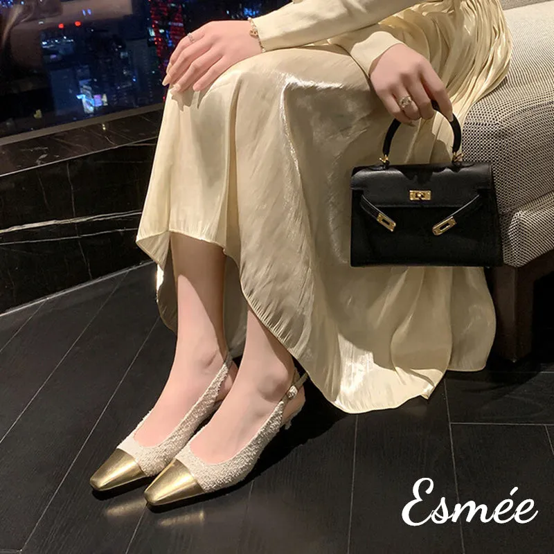 Textured Fabrics High Heel Slingback with Golden Toe Cap