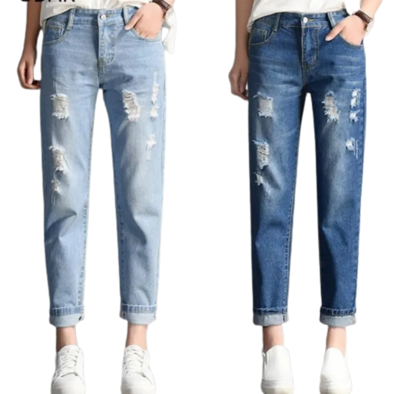 Trendy and Sexy  Women Fashion Mid Waist Boyfriend Big Ripped Hole Jeans - Casual High Street Denim Pants for Vintage Style