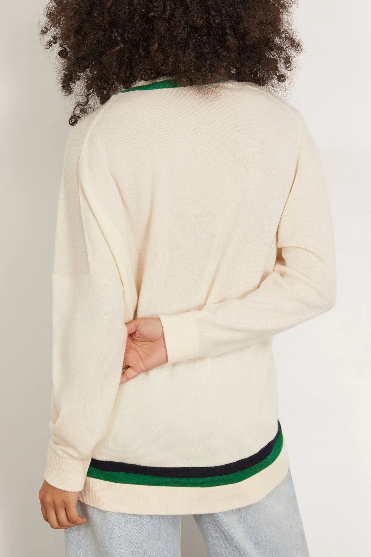 Washable Cashmere Striped Warp V-Neck Pullover in Ivory/Multi