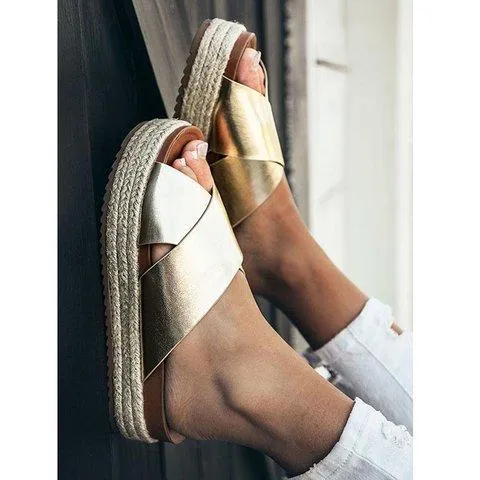 Women chunky heel espadrille criss cross strap slide comfortable sandals