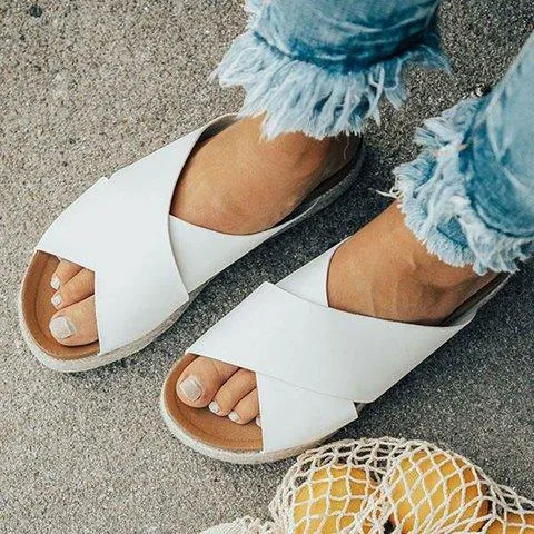 Women chunky heel espadrille criss cross strap slide comfortable sandals