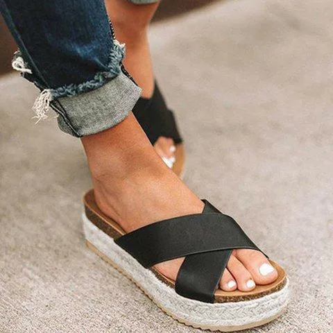 Women chunky heel espadrille criss cross strap slide comfortable sandals
