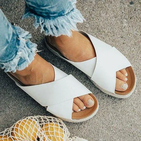 Women chunky heel espadrille criss cross strap slide comfortable sandals