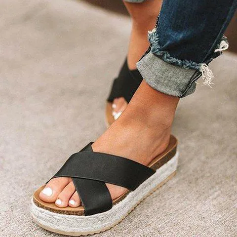 Women chunky heel espadrille criss cross strap slide comfortable sandals