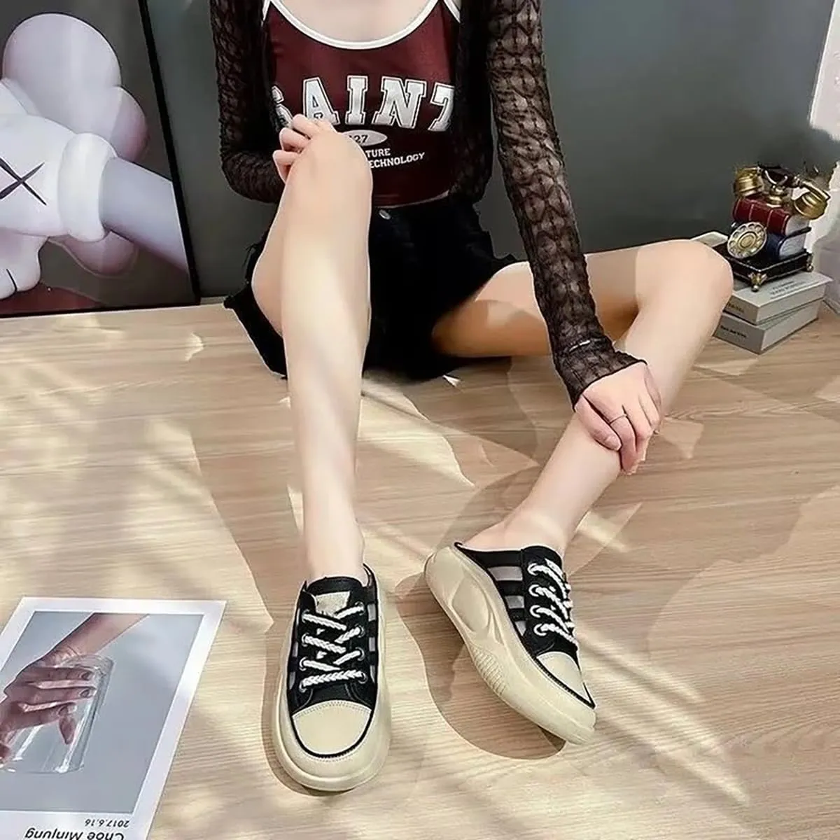 Women Cutout Platform Sneaker Sandals Breathable Mesh Sport Shoes Slip-On Platform MulesGarden Clogs Sandals