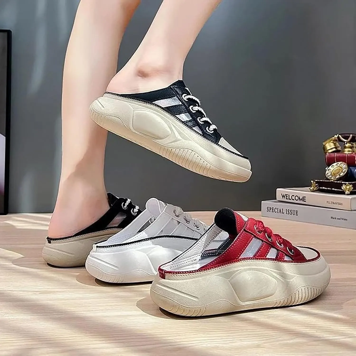Women Cutout Platform Sneaker Sandals Breathable Mesh Sport Shoes Slip-On Platform MulesGarden Clogs Sandals