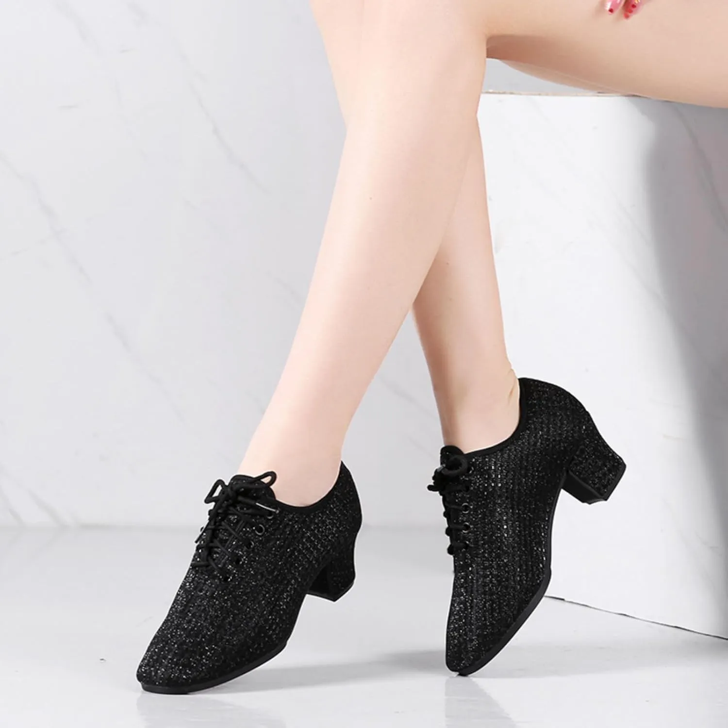 Women's Ballroom Dance Shoes Closed Toe Lace up Low Heel Latin Tango Teaching Professional Practice Dance Shoes,Model LHD-301-5cm Heel