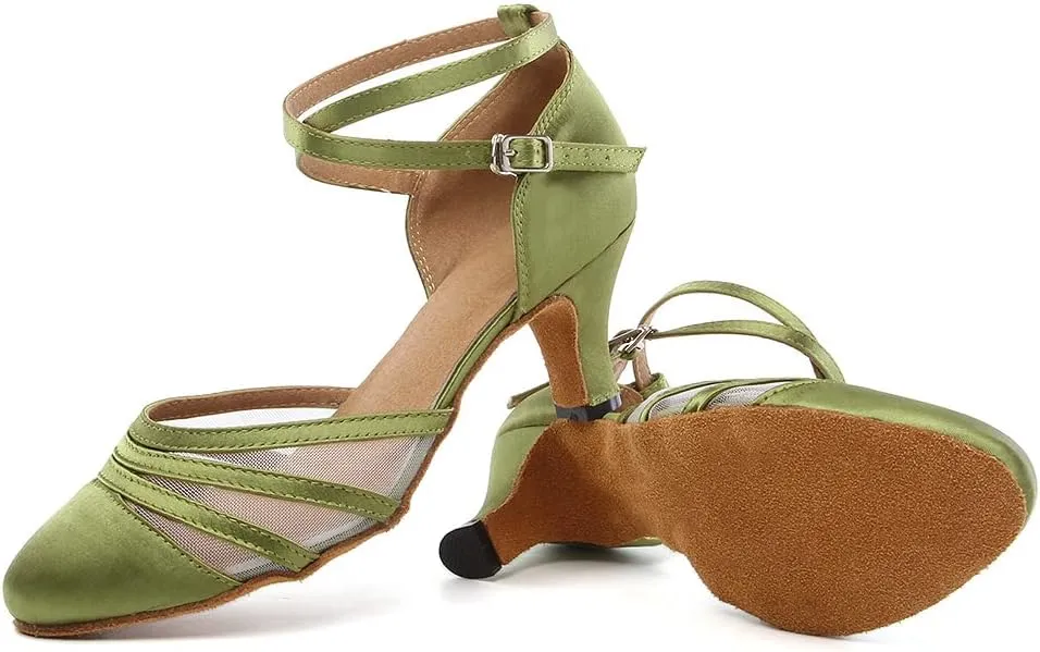 Women's Latin Dance Shoes Satin Professional Salsa Ballroom Performance Dancing Shoes Closed Toe