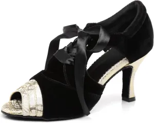 Women's Peep Toe Synthetic Ballroom Morden Tango Party Wedding Practice Professional Dance Shoes Black/Gold US 7.5