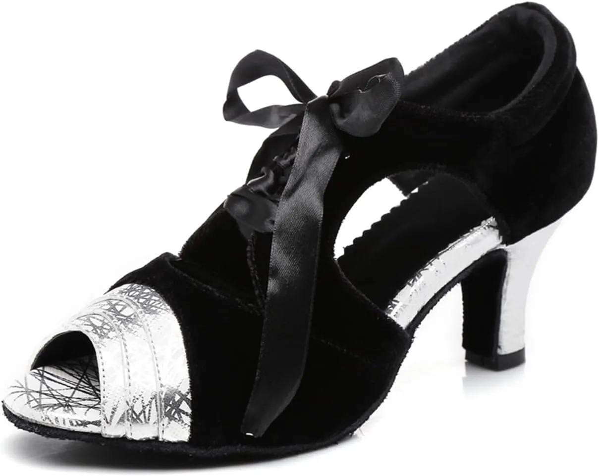 Women's Peep Toe Synthetic Ballroom Morden Tango Party Wedding Practice Professional Dance Shoes Black/Silver US 4.5