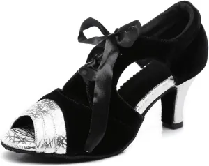 Women's Peep Toe Synthetic Ballroom Morden Tango Party Wedding Practice Professional Dance Shoes Black/Silver US 4.5