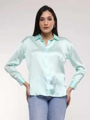 Women'S Premium Ice Green Drop Shoulder Oversized Summer Satin Shirt