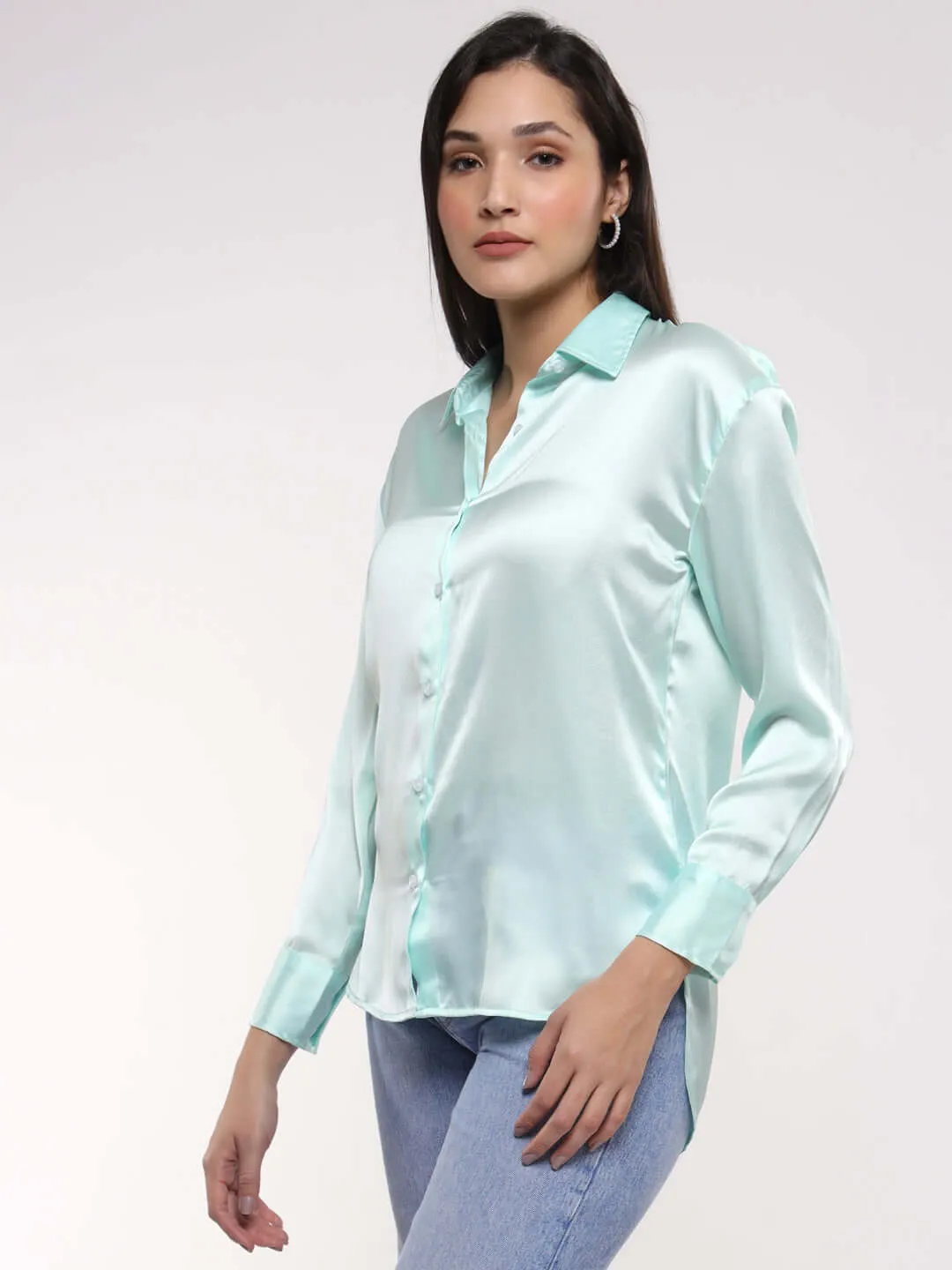 Women'S Premium Ice Green Drop Shoulder Oversized Summer Satin Shirt