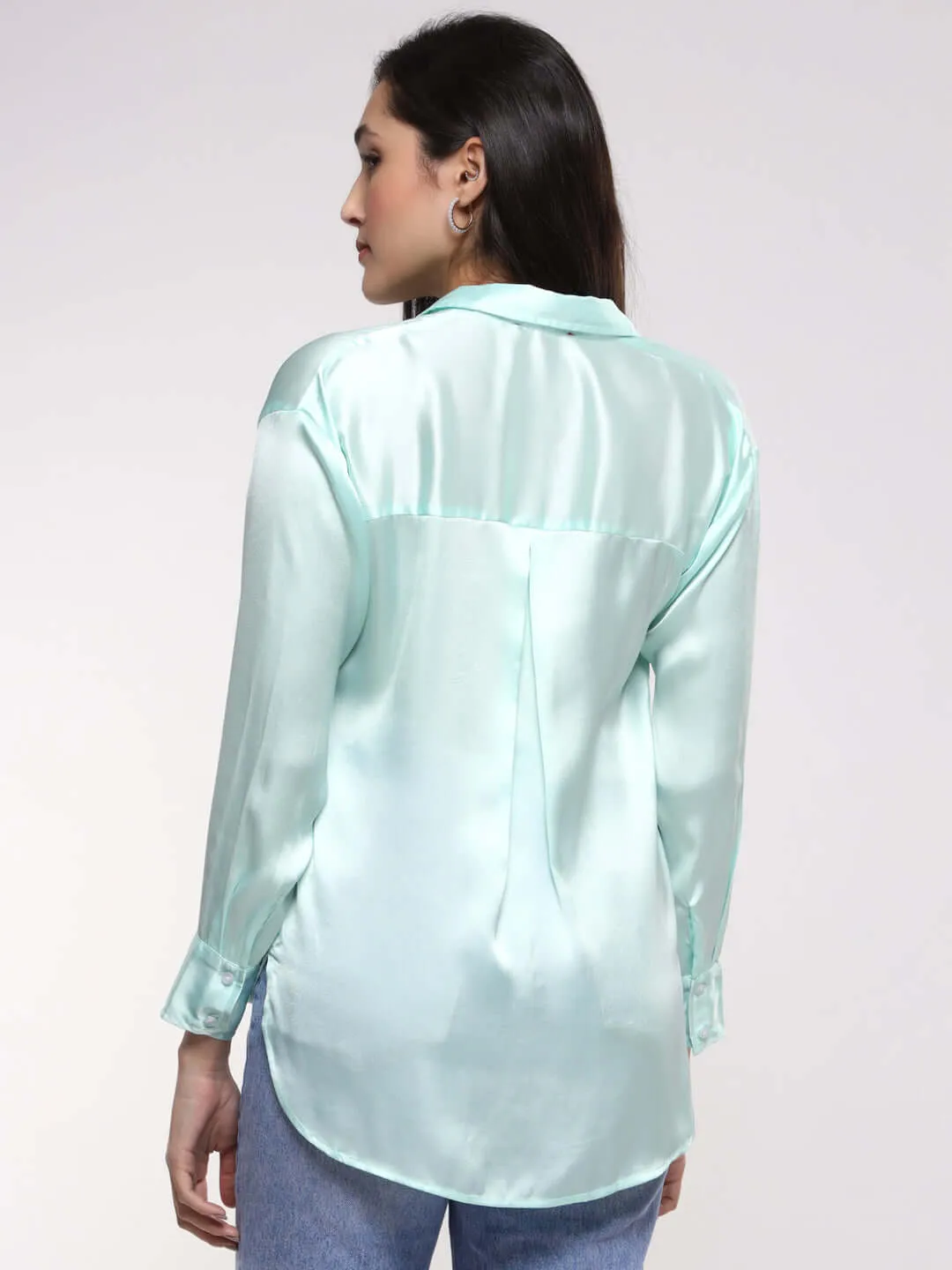 Women'S Premium Ice Green Drop Shoulder Oversized Summer Satin Shirt