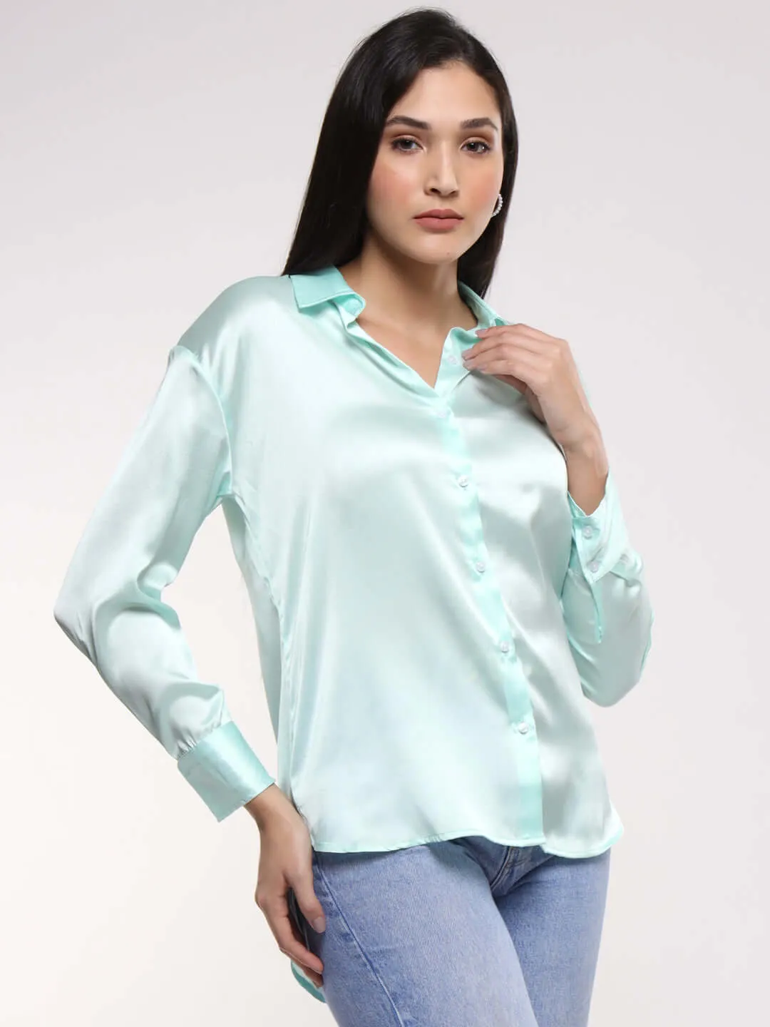 Women'S Premium Ice Green Drop Shoulder Oversized Summer Satin Shirt