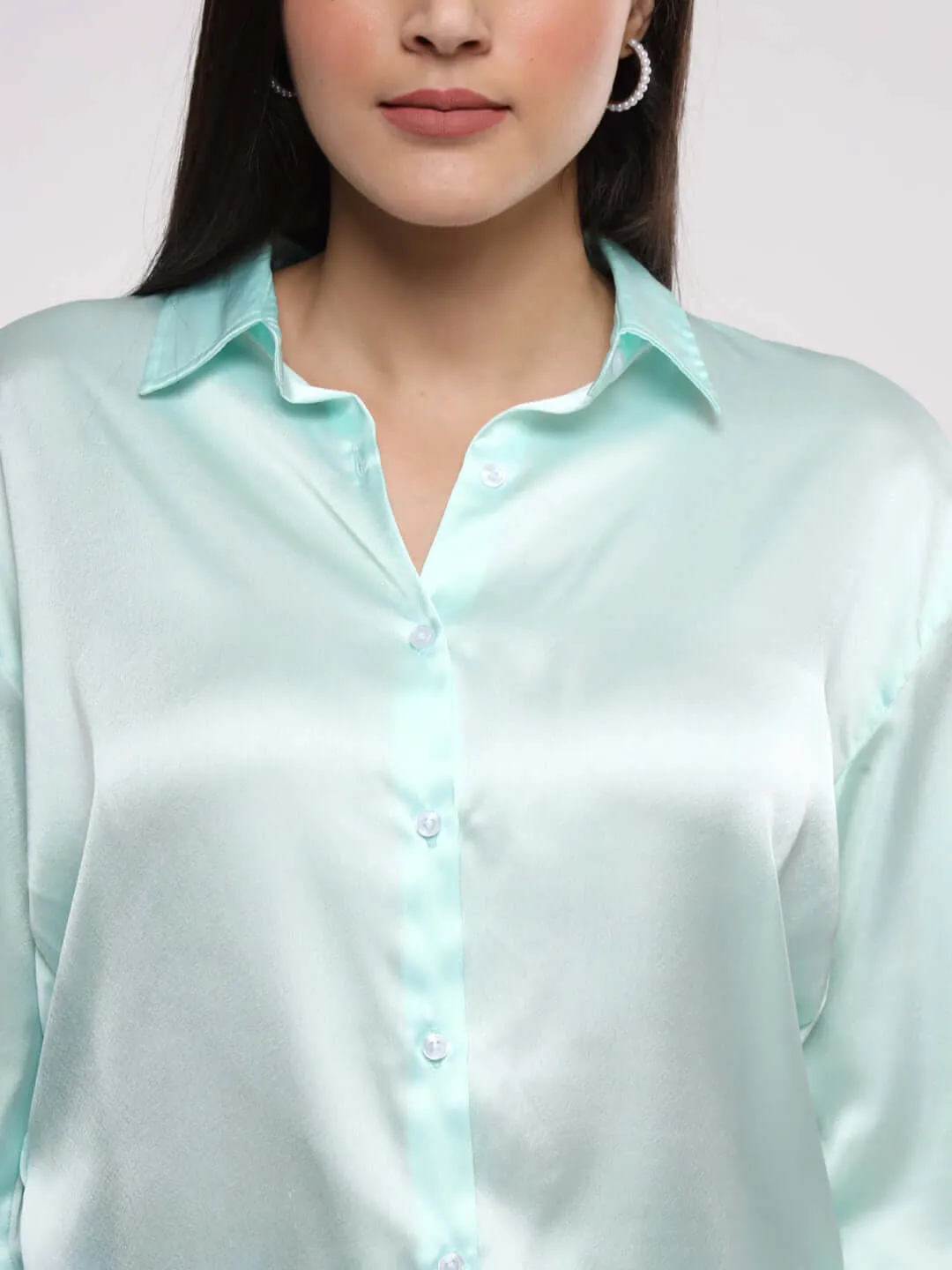 Women'S Premium Ice Green Drop Shoulder Oversized Summer Satin Shirt
