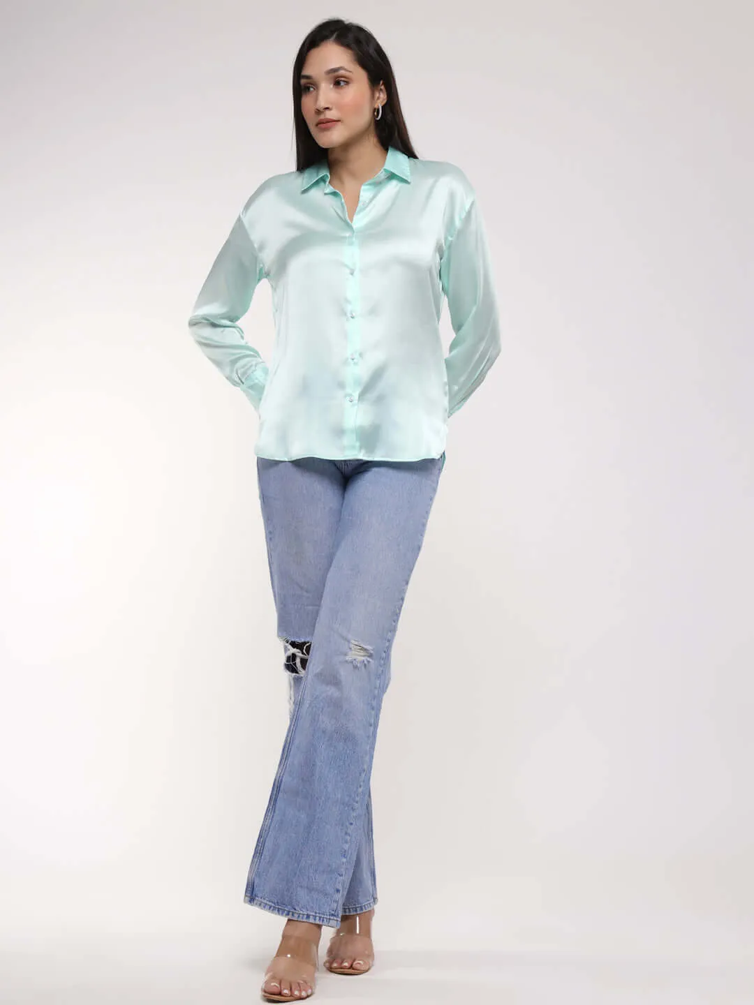 Women'S Premium Ice Green Drop Shoulder Oversized Summer Satin Shirt