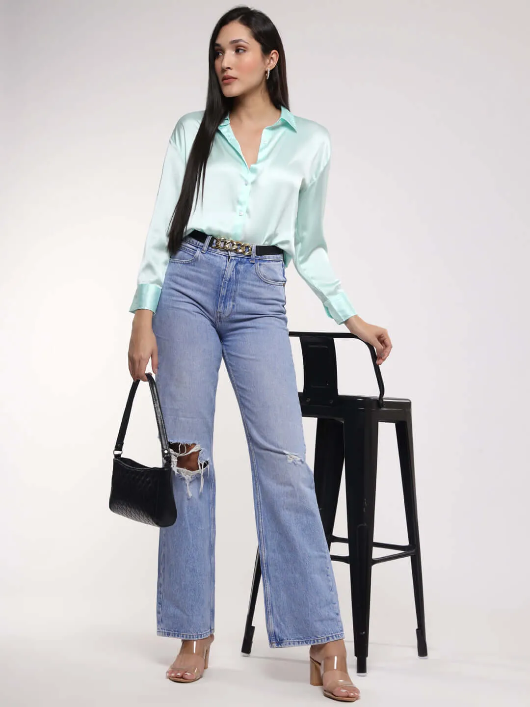 Women'S Premium Ice Green Drop Shoulder Oversized Summer Satin Shirt
