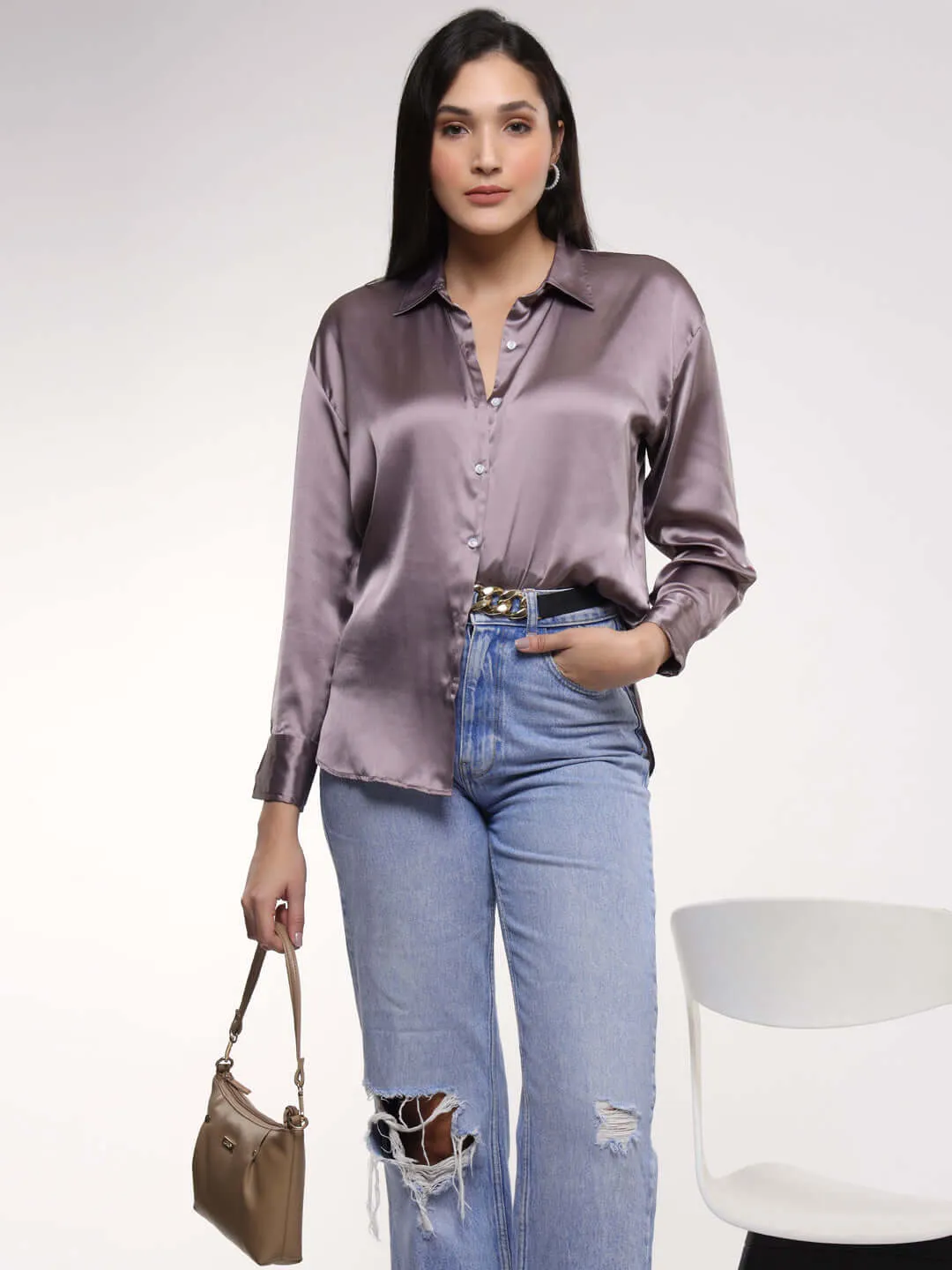 Women'S Premium Mauve Drop Shoulder Oversized Summer Satin Shirt