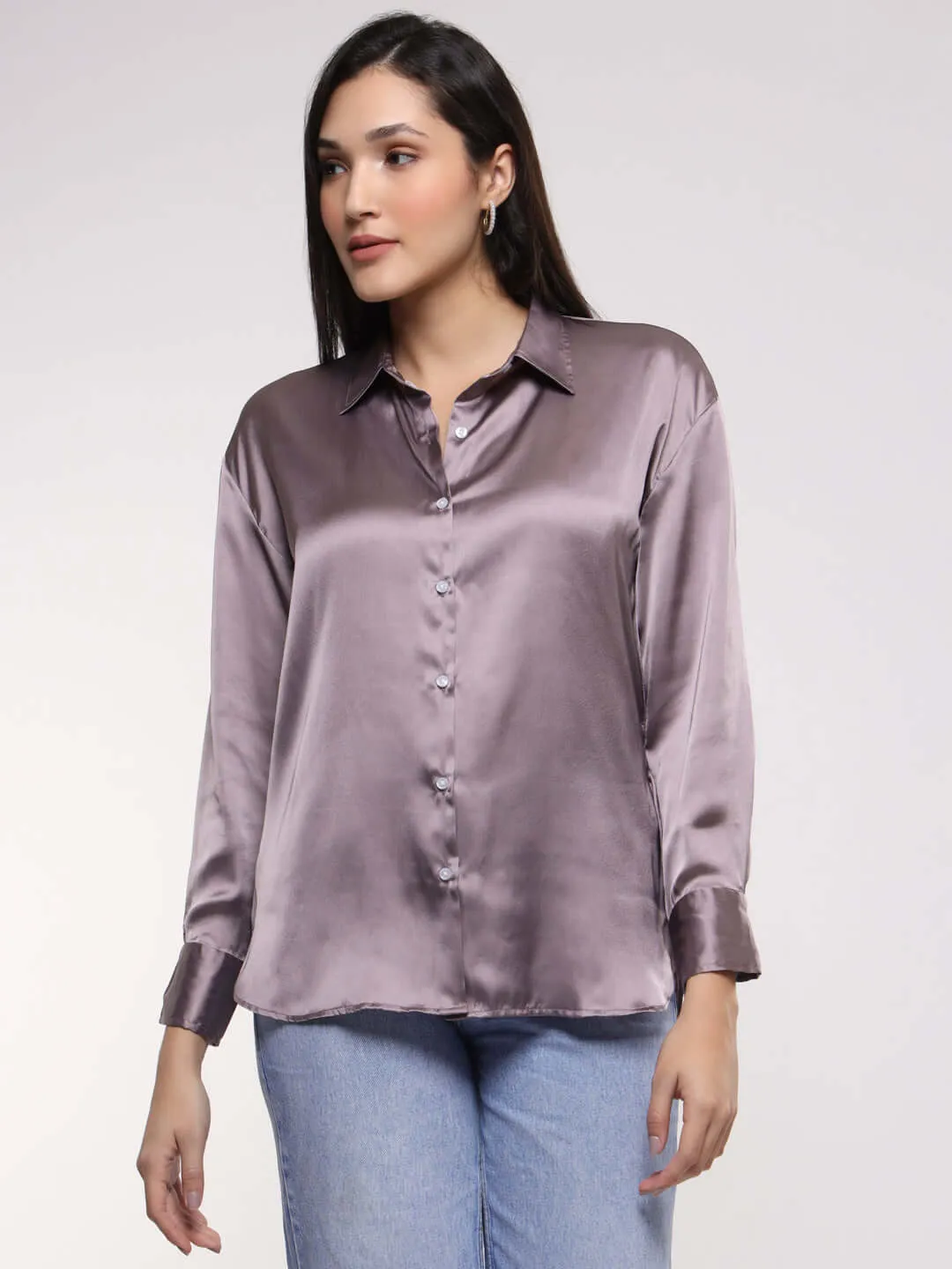 Women'S Premium Mauve Drop Shoulder Oversized Summer Satin Shirt