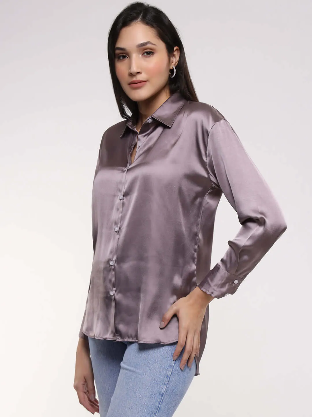 Women'S Premium Mauve Drop Shoulder Oversized Summer Satin Shirt
