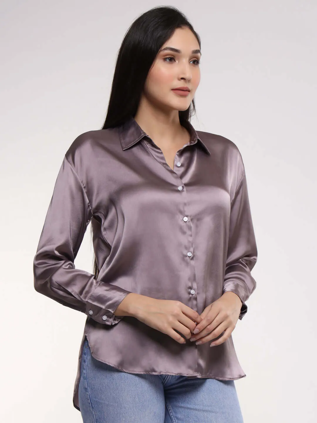 Women'S Premium Mauve Drop Shoulder Oversized Summer Satin Shirt