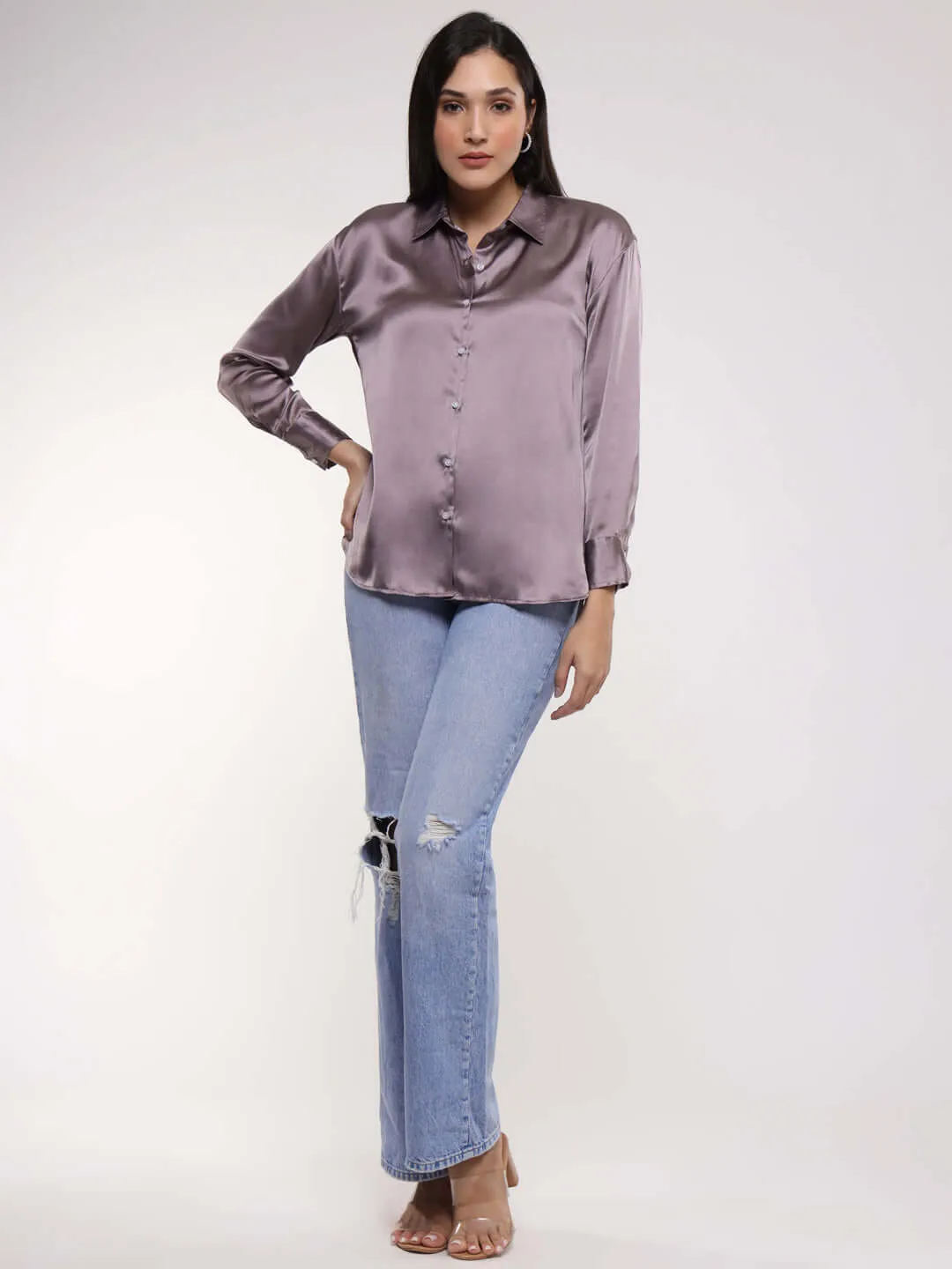 Women'S Premium Mauve Drop Shoulder Oversized Summer Satin Shirt
