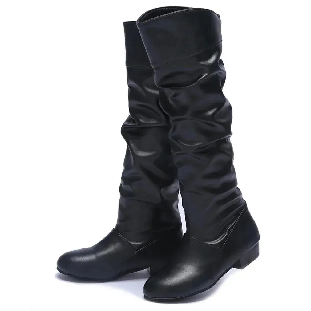 Women's PU Leather Knee-High Boots - Winter Casual Fashion Low-Heel Slim Boots