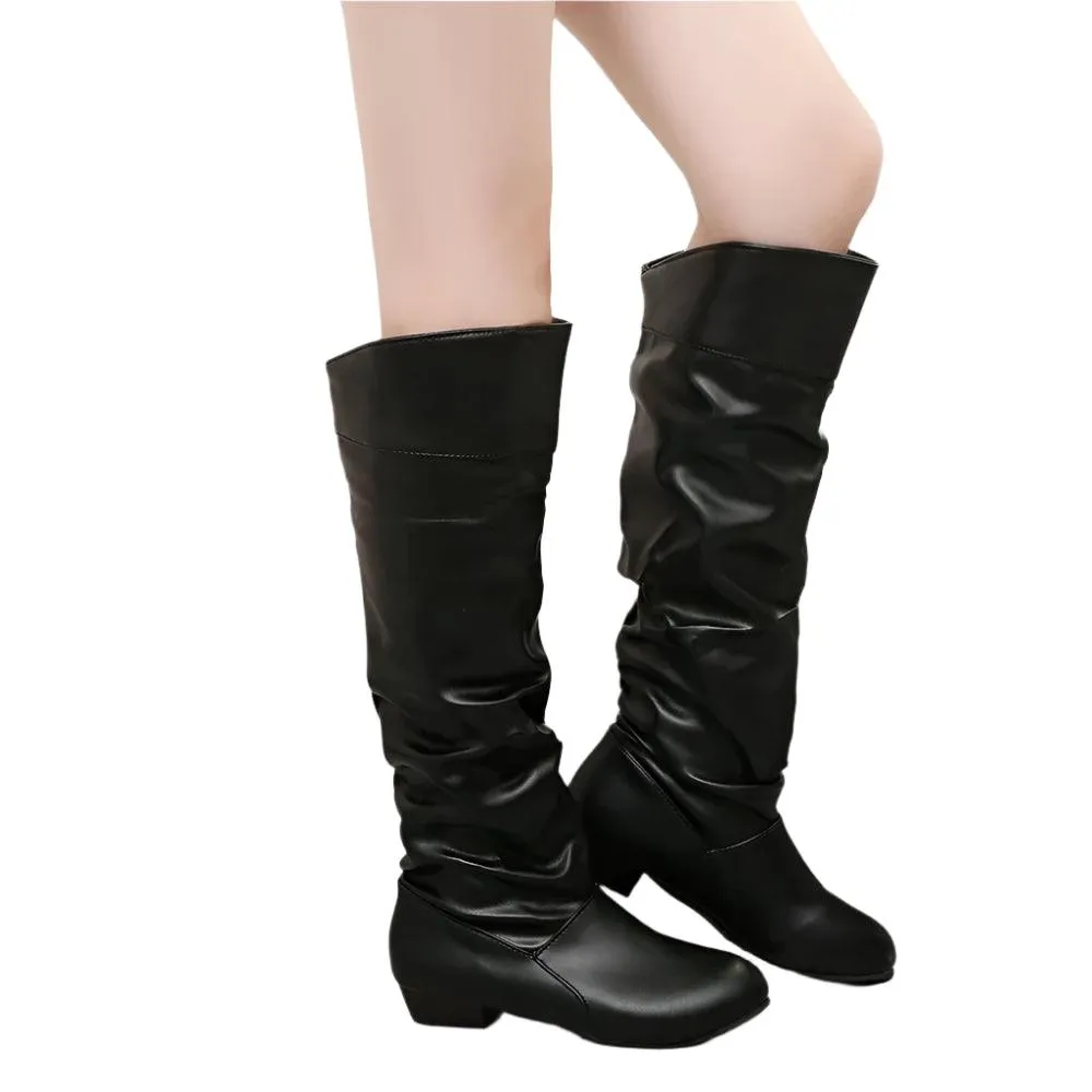 Women's PU Leather Knee-High Boots - Winter Casual Fashion Low-Heel Slim Boots