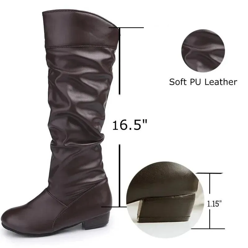 Women's PU Leather Knee-High Boots - Winter Casual Fashion Low-Heel Slim Boots