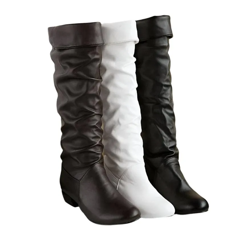 Women's PU Leather Knee-High Boots - Winter Casual Fashion Low-Heel Slim Boots