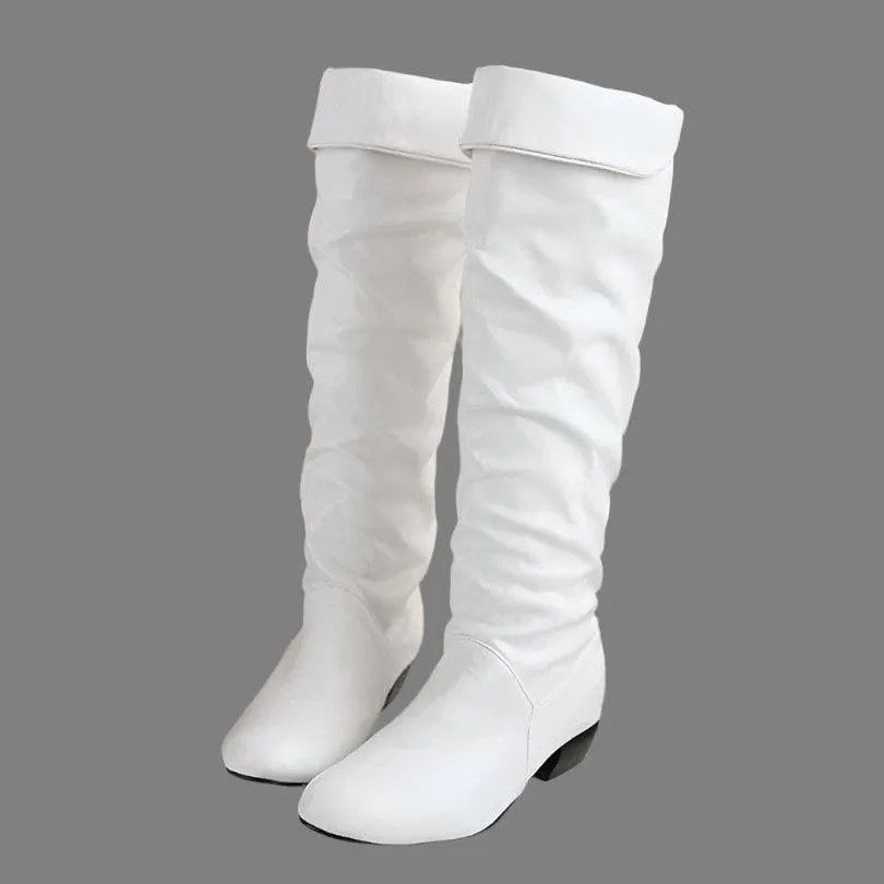 Women's PU Leather Knee-High Boots - Winter Casual Fashion Low-Heel Slim Boots