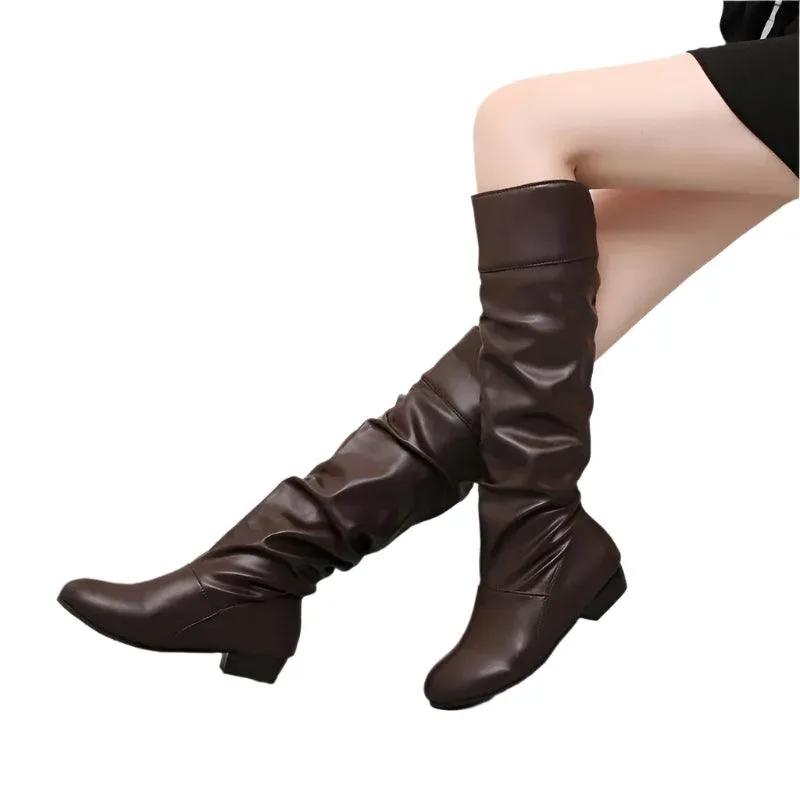 Women's PU Leather Knee-High Boots - Winter Casual Fashion Low-Heel Slim Boots